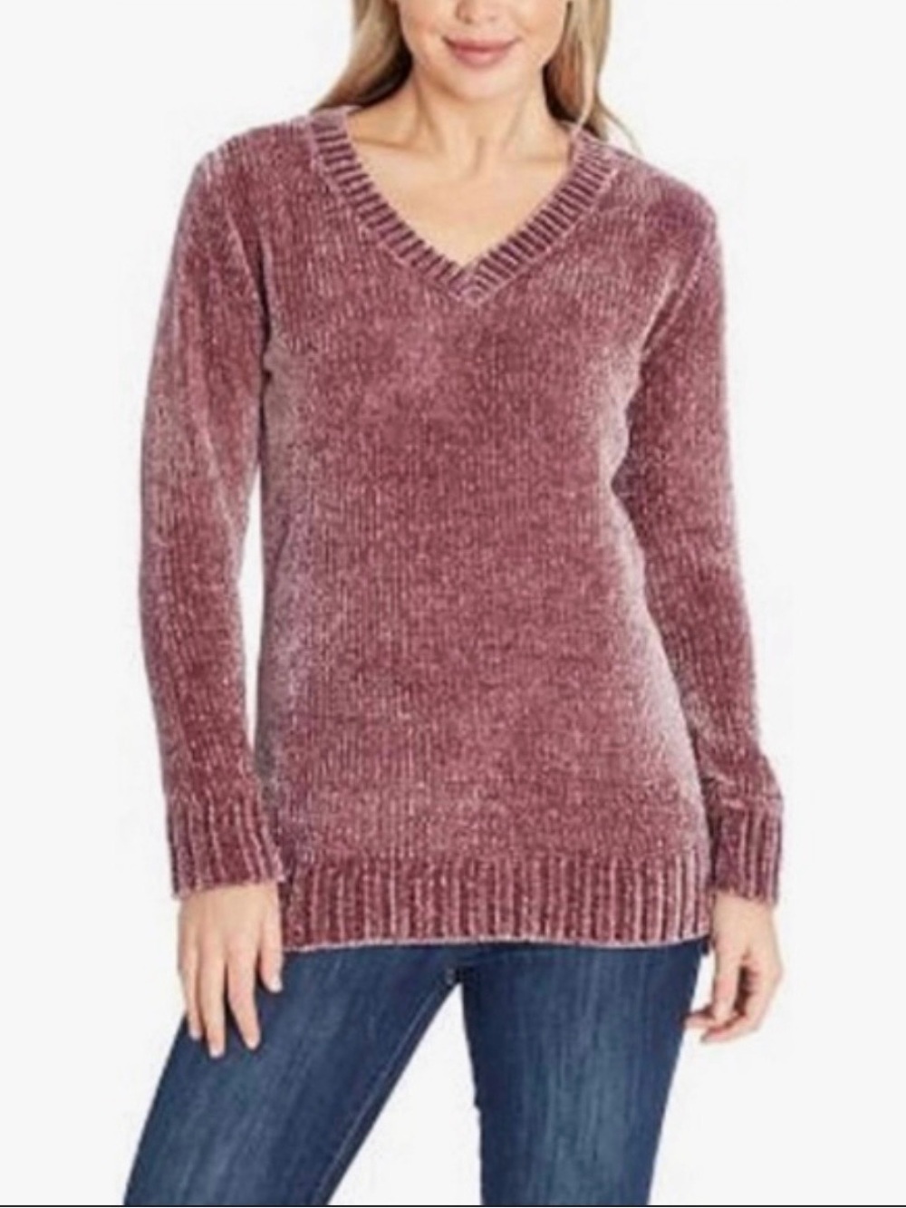Orvis Chenille Mauve Soft Tunic V Neck Sweater Sz L